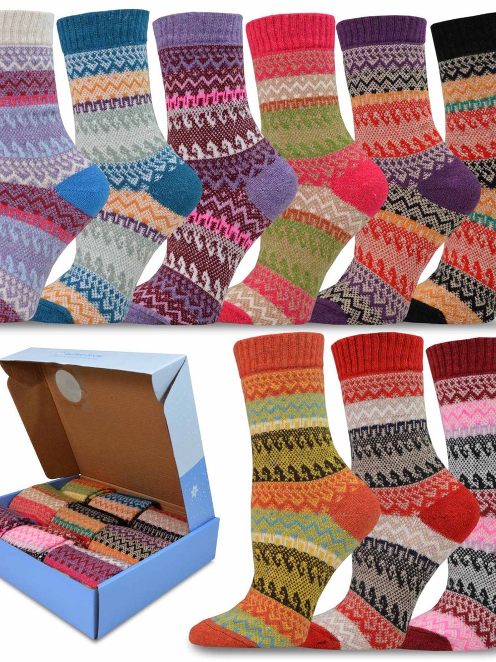 TeeHee Winter Holiday 9-Pack Gift Box Cozy Nordic Fair Isle Boot Socks Size 4-10